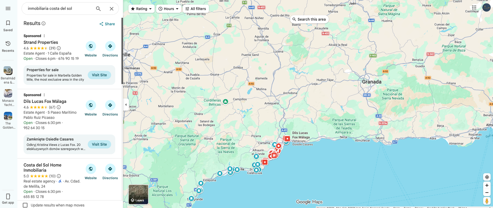 Résultats d’agences immobilières sur Google Maps pour une recherche dans la Costa del Sol