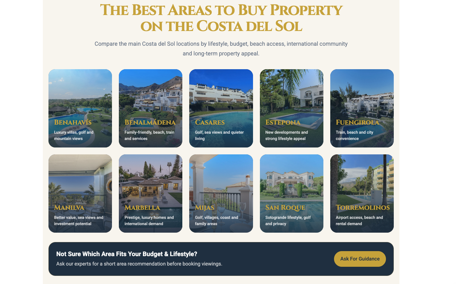Comparativa visual de zonas de la Costa del Sol utilizada como recurso de conversión inmobiliaria