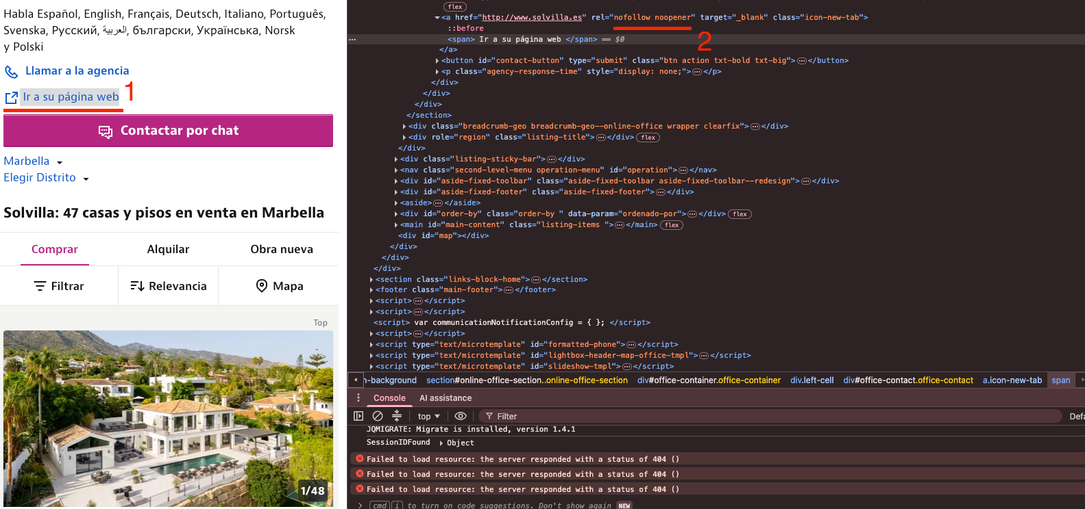 HTML-kod från en bostadsportal med en nofollow-länk till en fastighetsbyrås webbplats