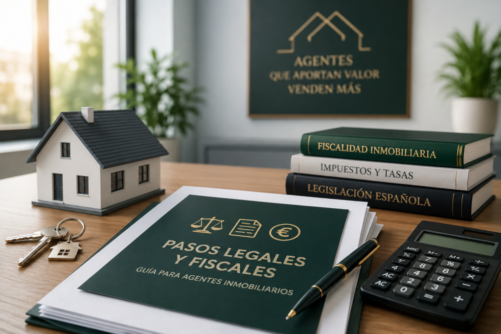 Documentos legales, calculadora, llaves y maqueta de vivienda para explicar la fiscalidad inmobiliaria en España