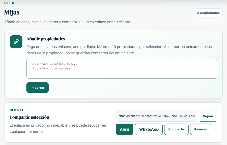 RealtorList-Tool zum Importieren von Immobilien und Teilen einer Auswahl per Link oder WhatsApp