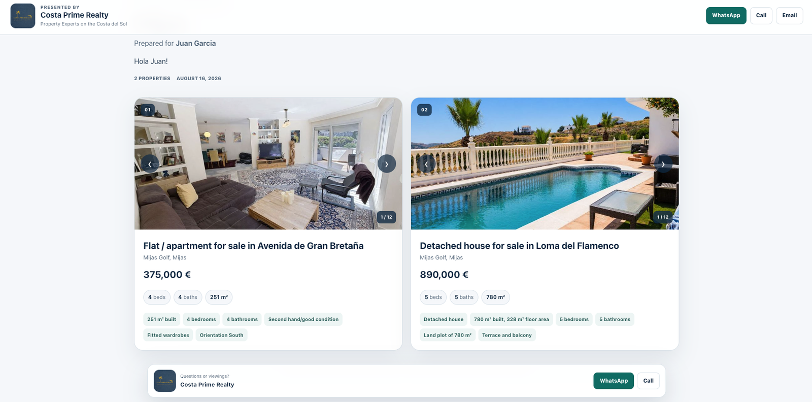 Mit einem Kunden geteilte Immobilienauswahl mit Fotos, Preisen und Merkmalen